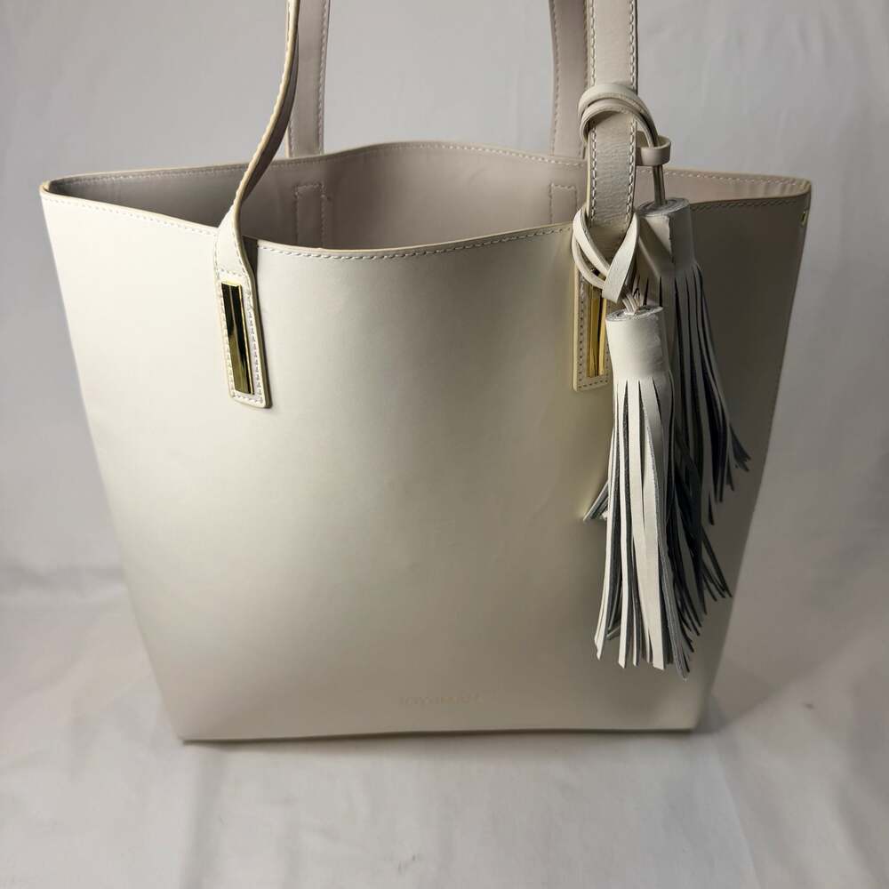 Joy & Iman White Tassel Chic Leather Handbag with Fabric insert